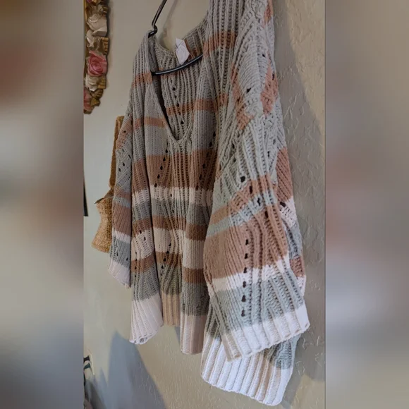 POL V-Neck Striped Sweater -Desert Sage Camel& Cream Cozy Soft Dropped Shoulder - Picture 9 of 13